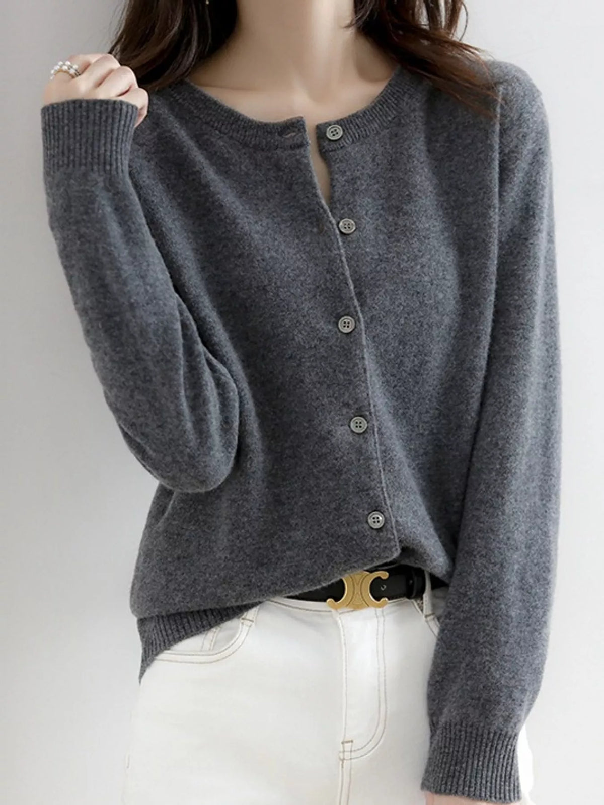 Crew-Neck Button-Down Cardigan - Dark Gray - View 45