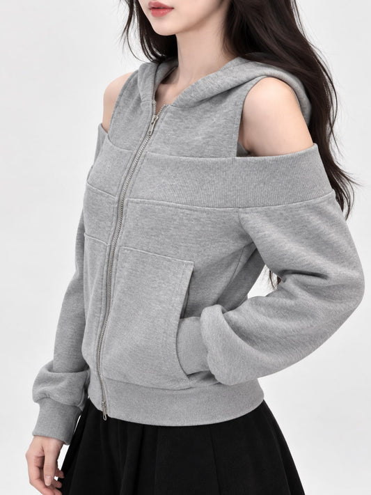 Cold Shoulder Zip-Up Hoodie - Gray - View 2