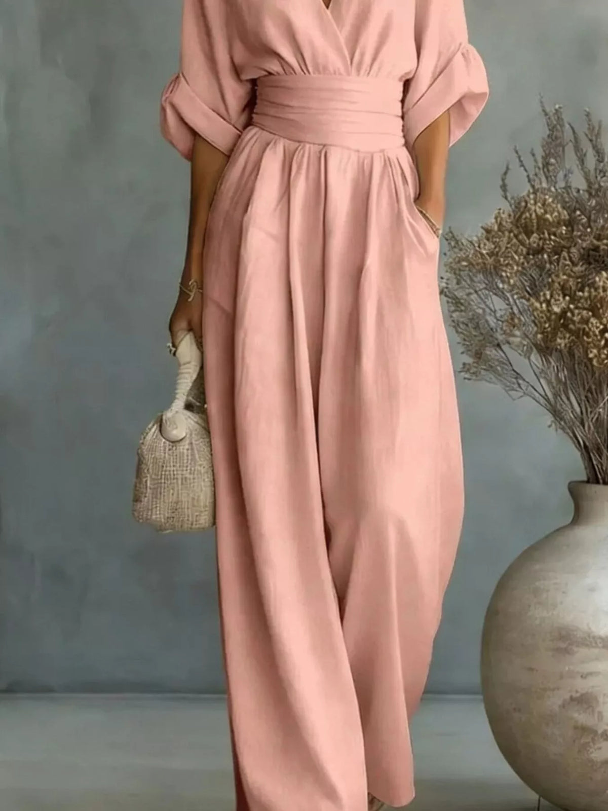 Full Size Half Sleeve Wide-Leg Jumpsuit Plus Size - Dusty Pink - View 3