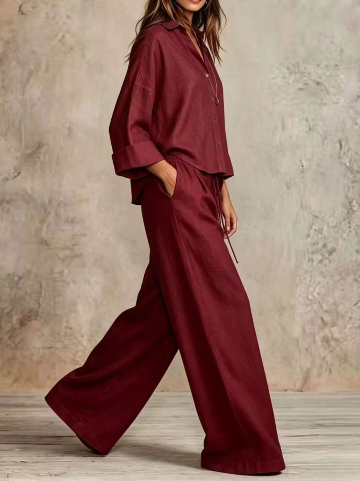 Full Size Button-Down Shirt and Wide-Leg Pants Set Plus Size - Burgundy - View 10