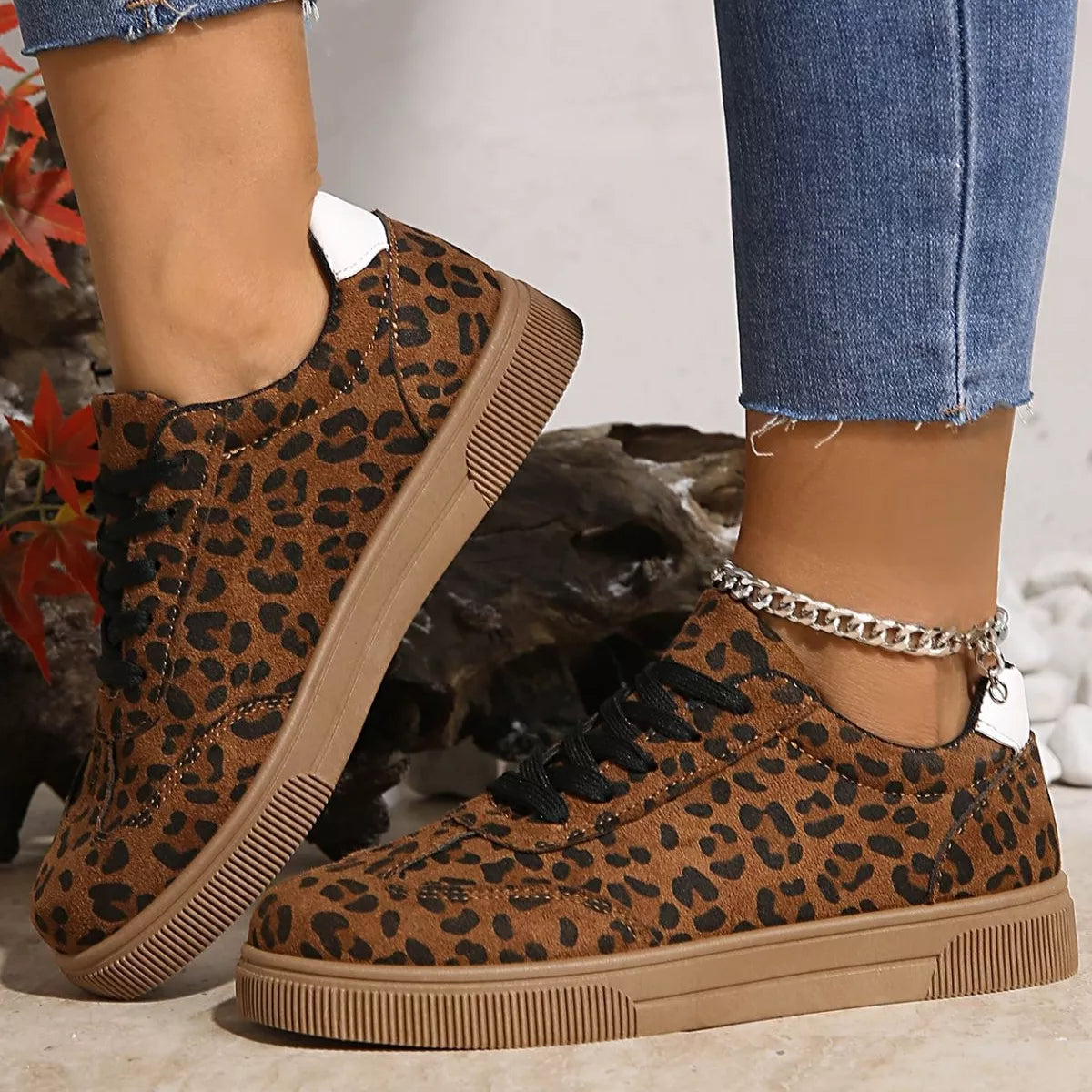 Leopard Lace Up Sneakers - Brown - View 2