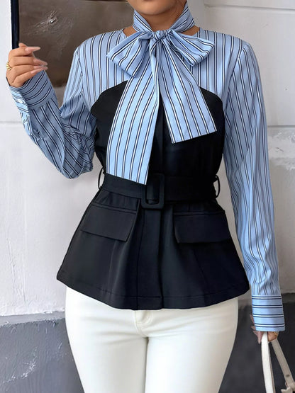 Striped Long Sleeve Blouse with Bow Tie - Blue - View 4