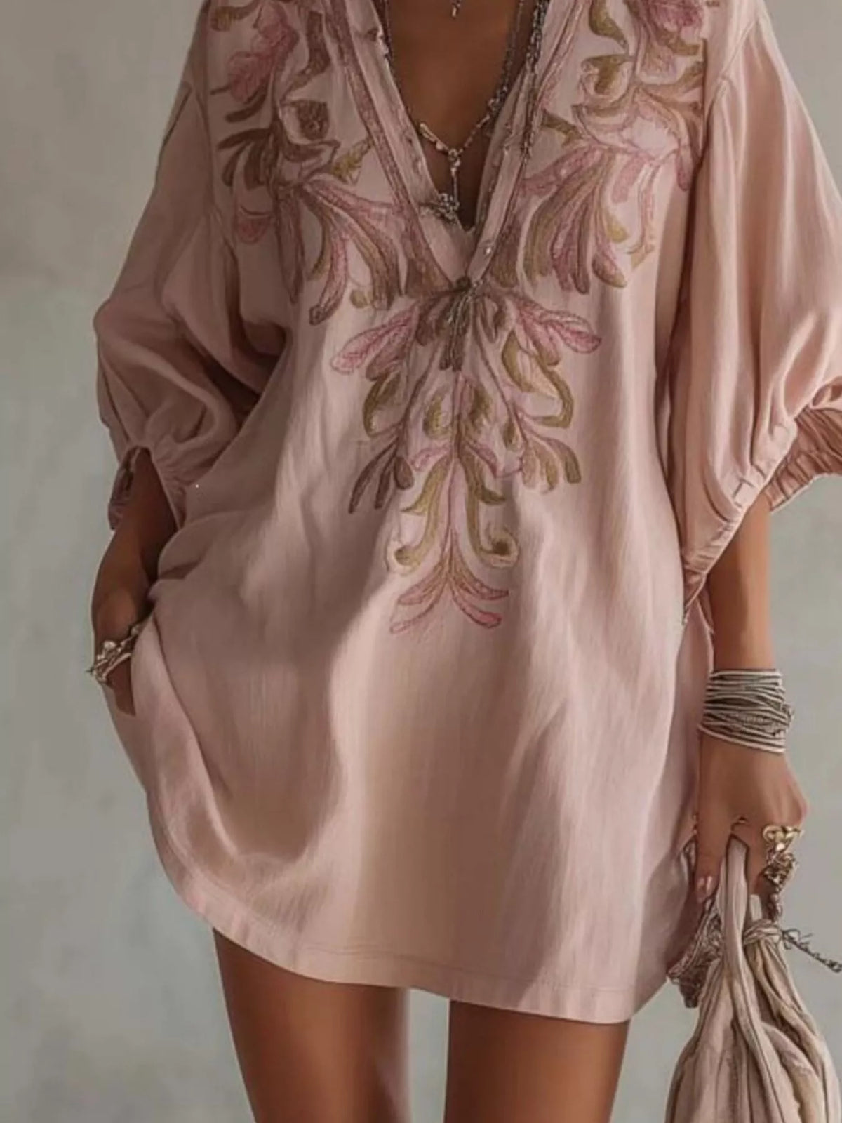 Full Size Embroidered V-Neck Mini Dress Plus Size - Dusty Pink - View 3
