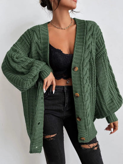 Cable Knit V-Neck Button-Down Cardigan - Green - View 2
