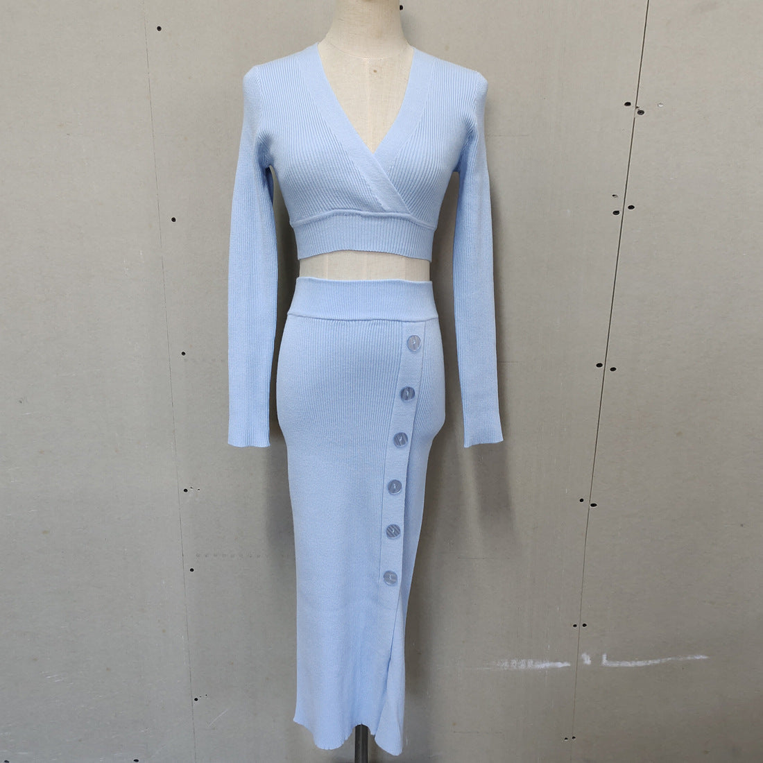 Sexy Knitted Dress Set with Long Sleeve V-neck Waist and Exposed Umbilical Top+Button Split Skirt