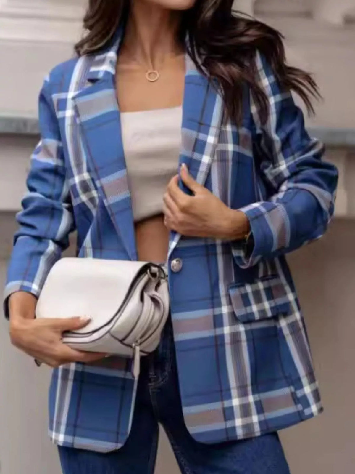 Plaid Lapel Collar Blazer - Sky Blue - View 2