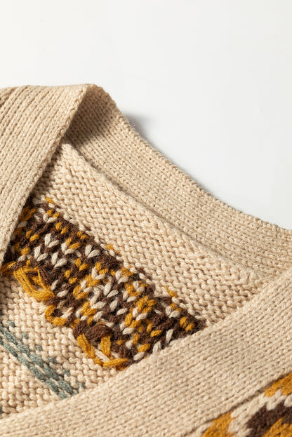 Khaki Western Pattern Knitted Button V Neck Cardigan Sweater