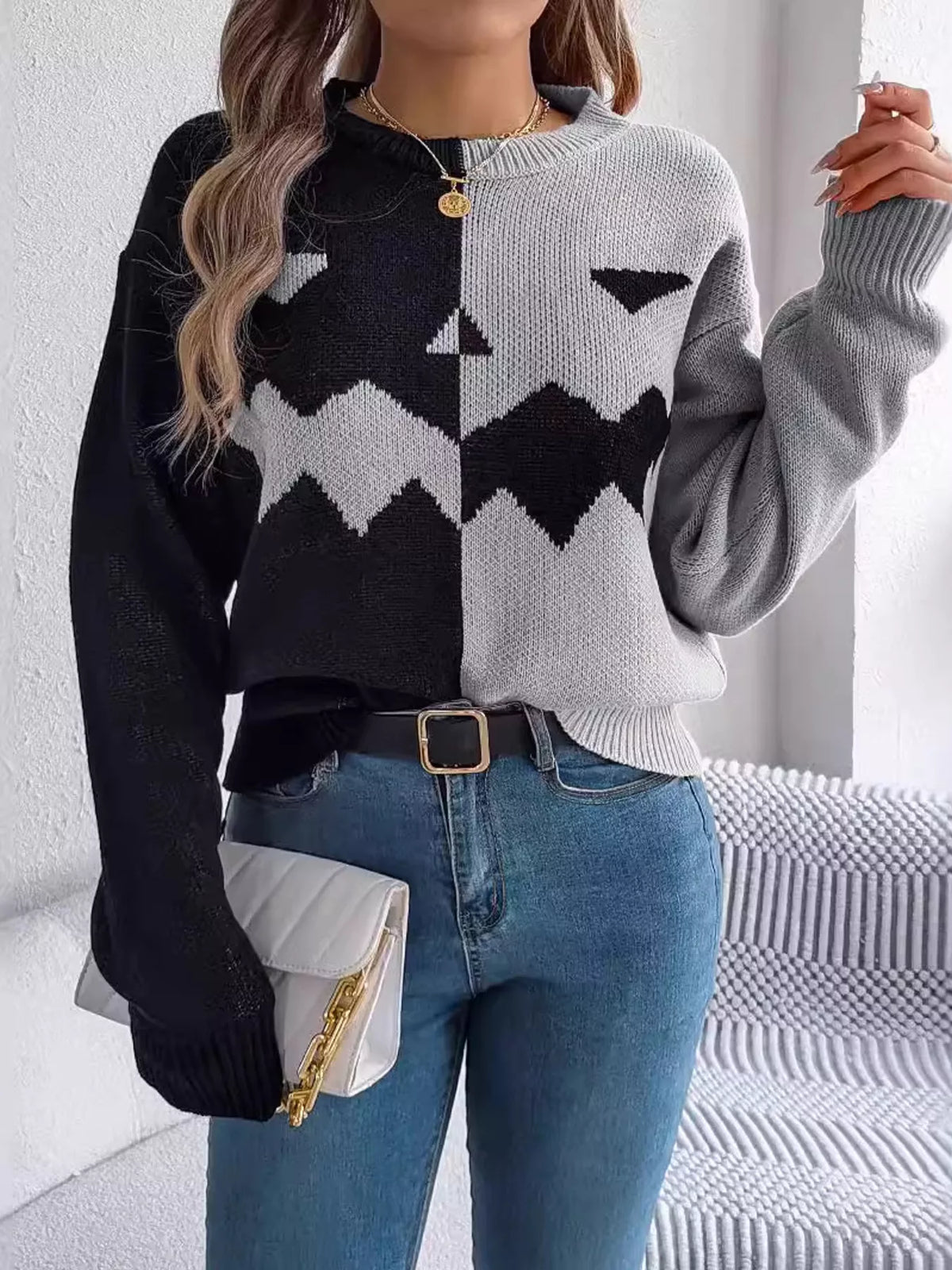 Pumpkin Face Graphic Two Tone Sweater - Gray - View 1