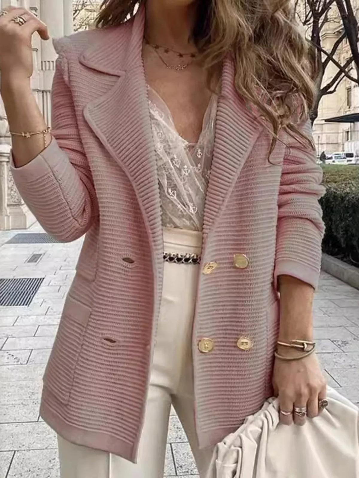 Texture Knit Double-Breasted Blazer - Pink - View 4
