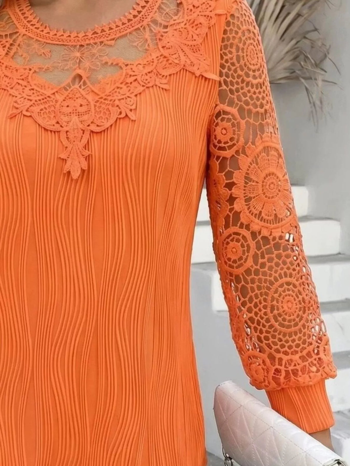 Lace Patchwork Long Sleeve Blouse - Orange - View 2