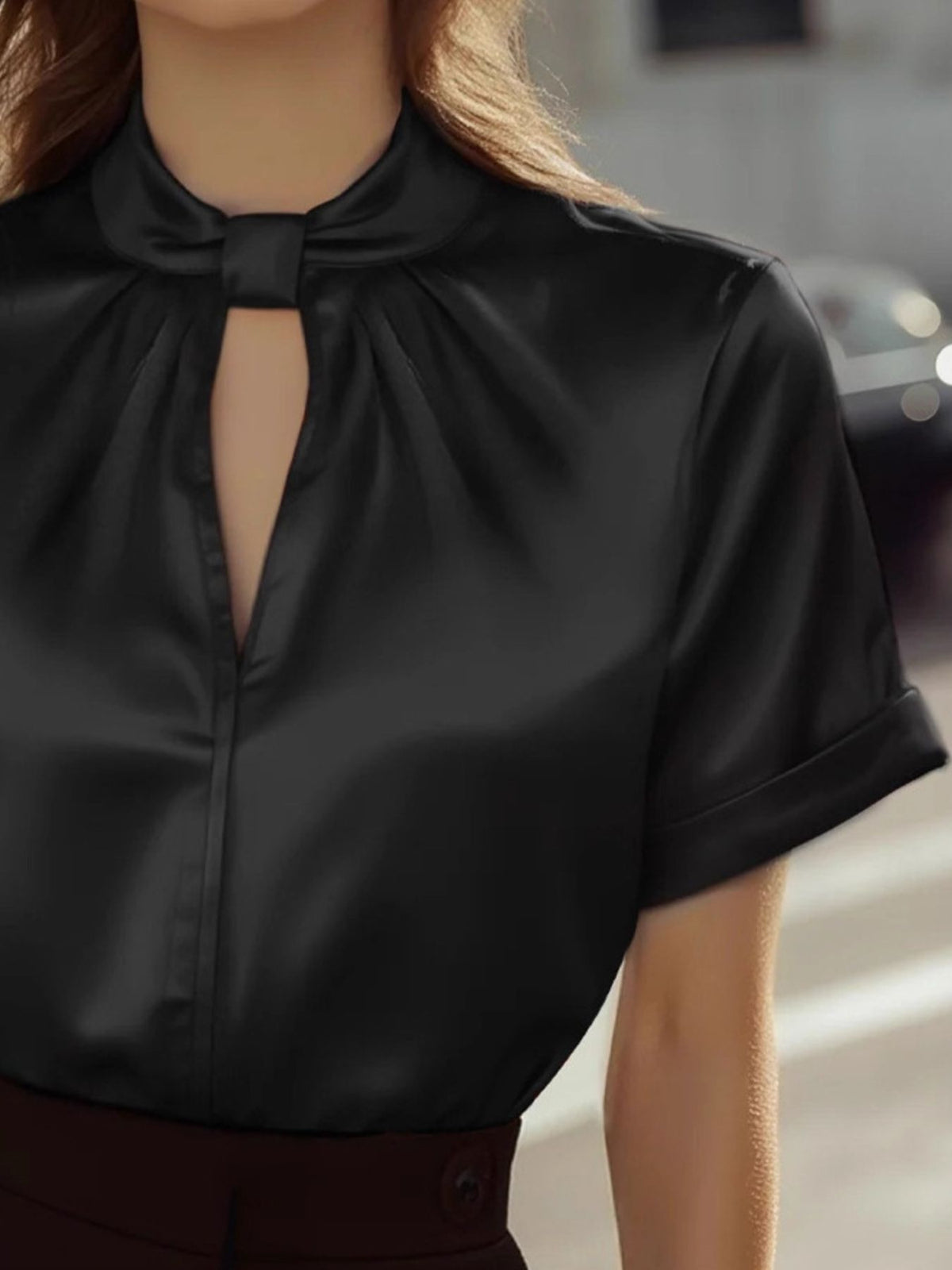 Keyhole Neck Satin Blouse - Black - View 4