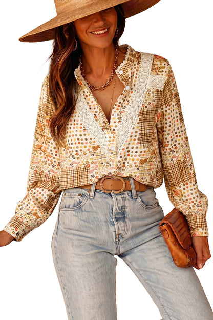 Brown Floral Lace Trim Button Down Long Sleeve Shirt
