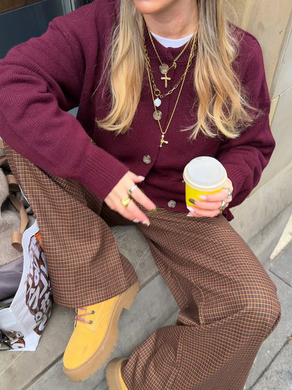 Button Up Dropped Shoulder Cardigan - Wine Red - View 3
