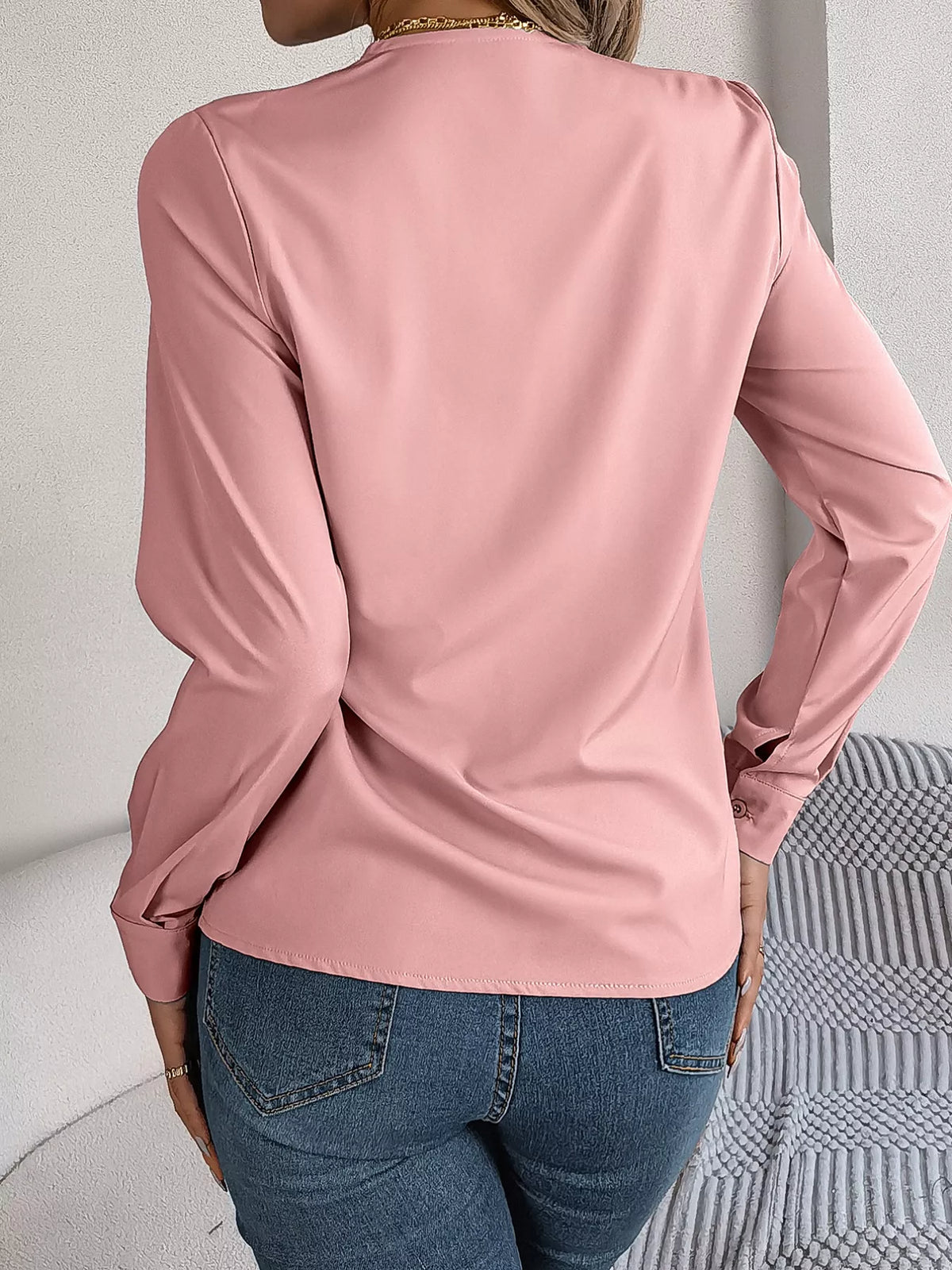 Layered V-Neck Long Sleeve Blouse - Blush Pink - View 11