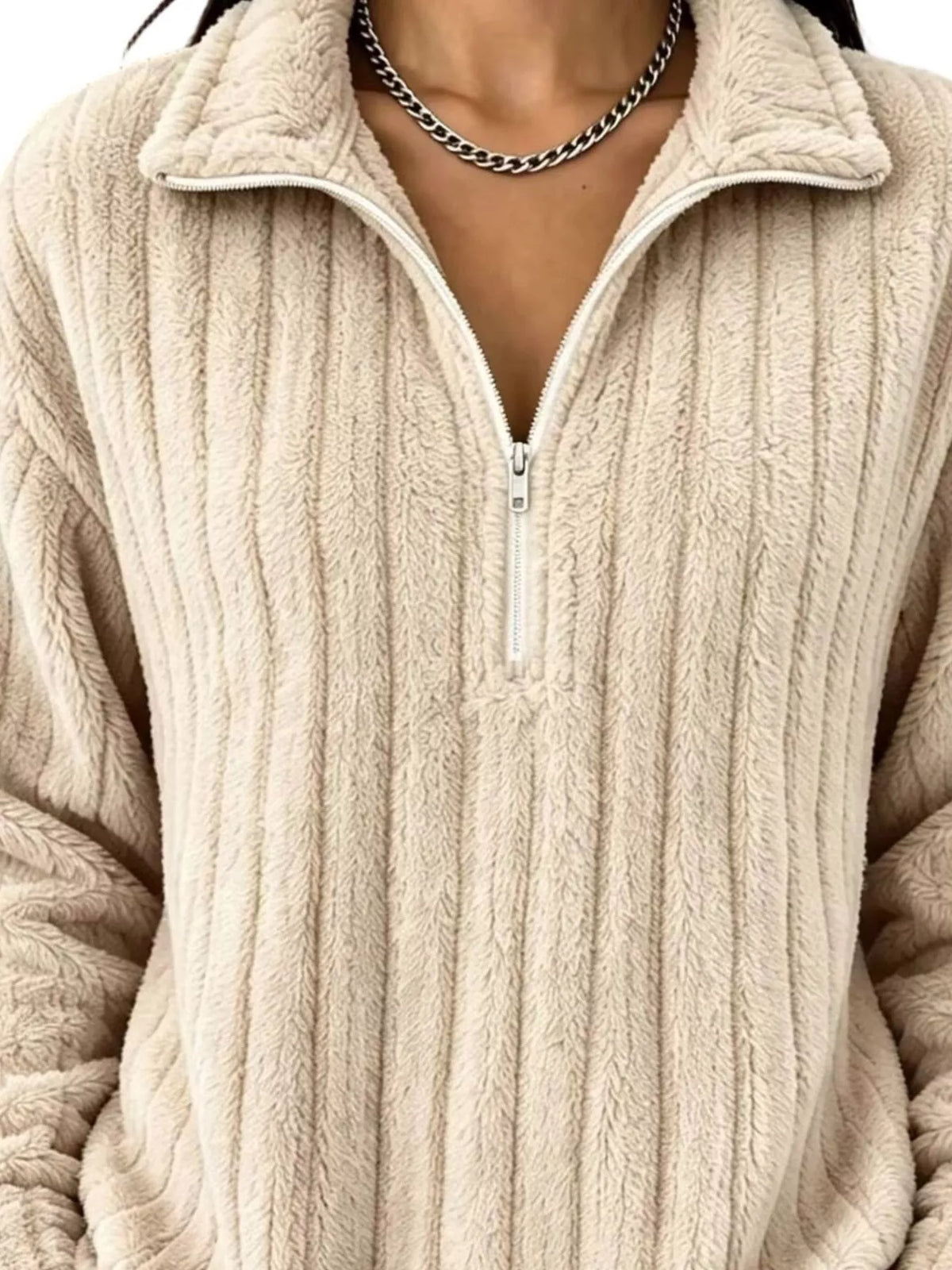 Quarter-Zip Dropped Shoulder Sweatshirt - Beige - View 3