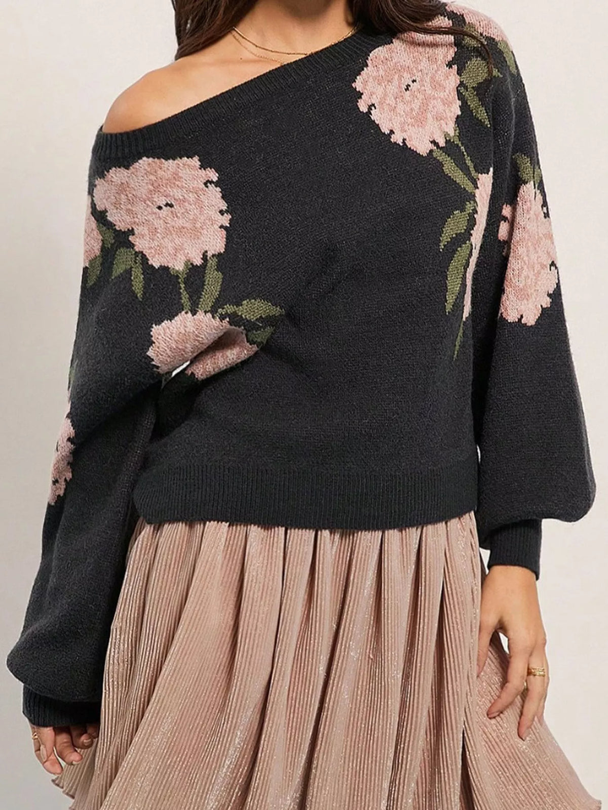 Floral Pattern Dropped Shoulder Sweater - Black - View 1