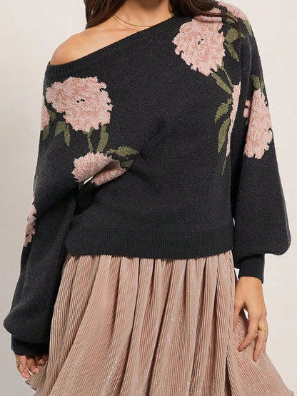Floral Pattern Dropped Shoulder Sweater - Black - View 1