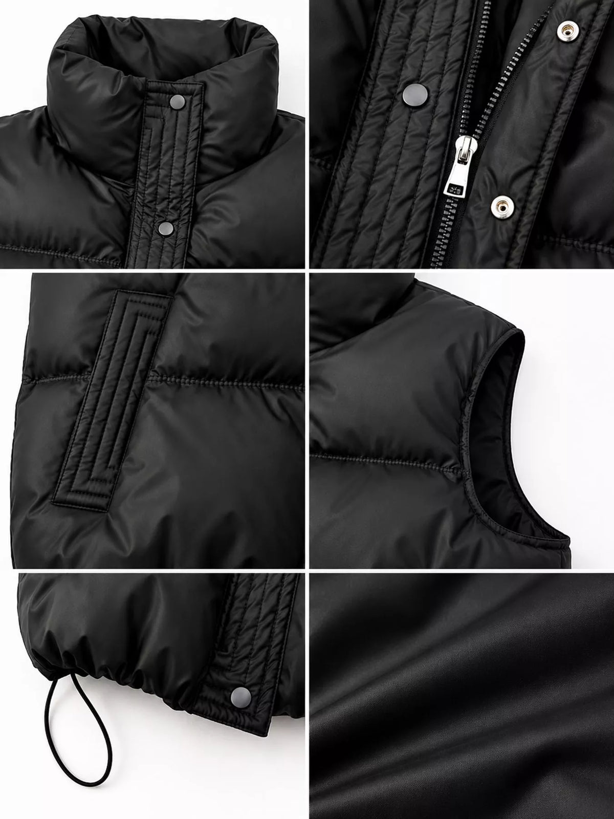 Drawstring Snap Down Puffer Vest Coat - Black - View 5