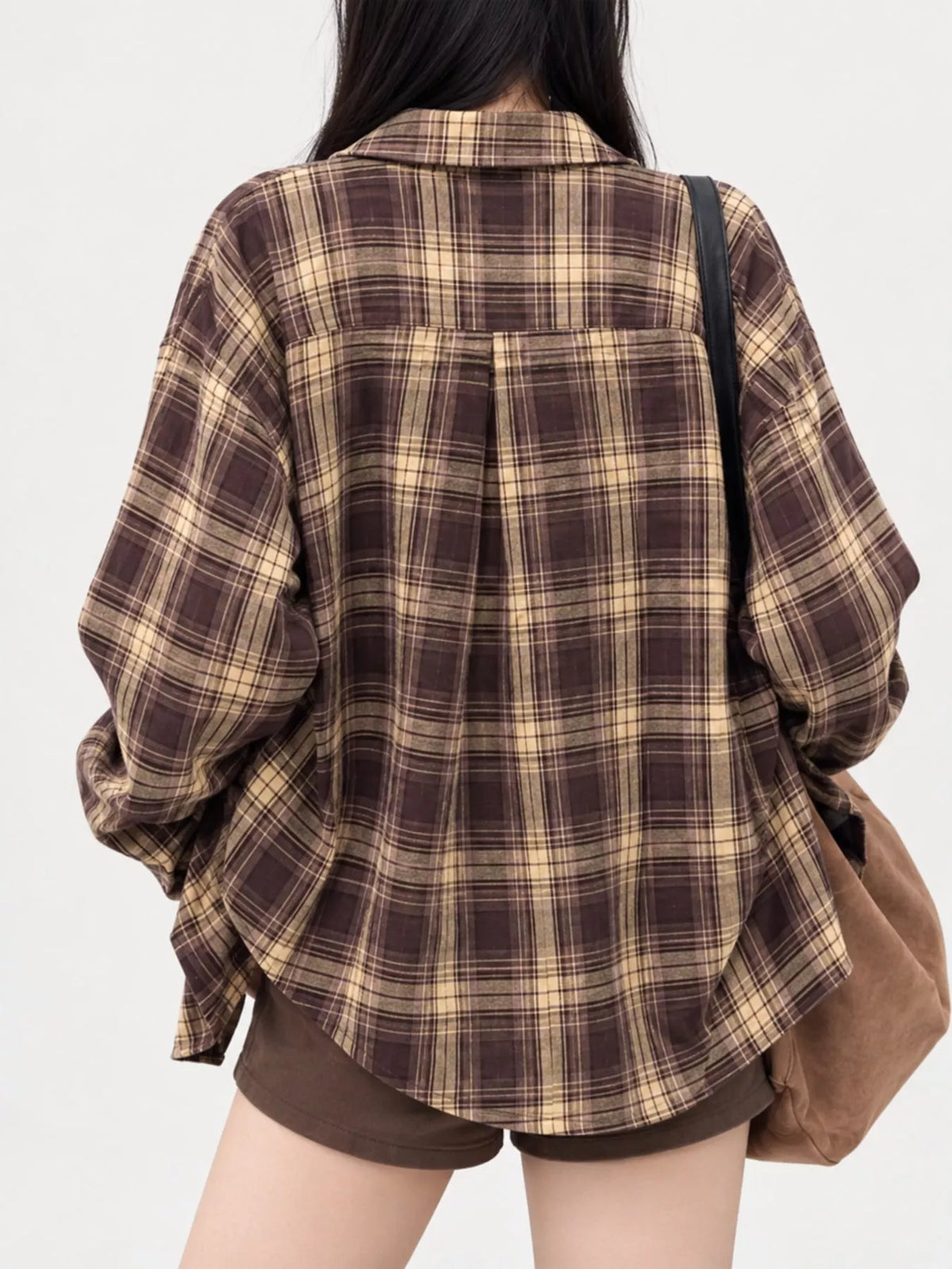 Casual Loose Fit Plaid Shirt - Brown-Plaid - View 12