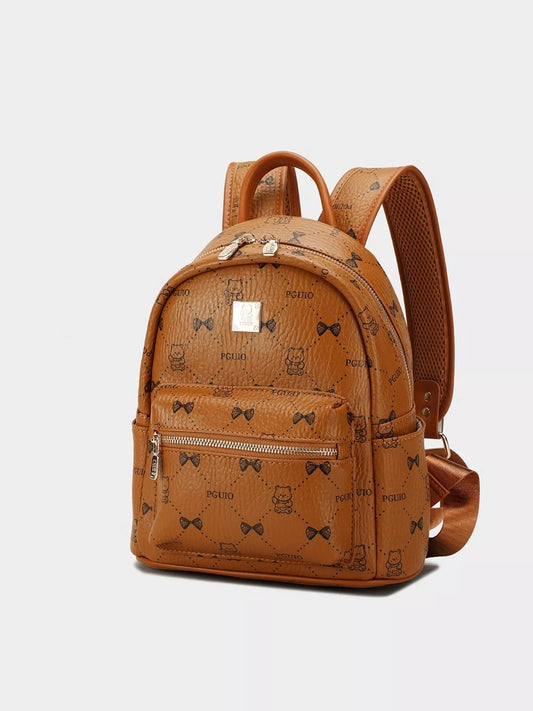 Bear Print PU Leather Backpack Bag - Caramel - View 2