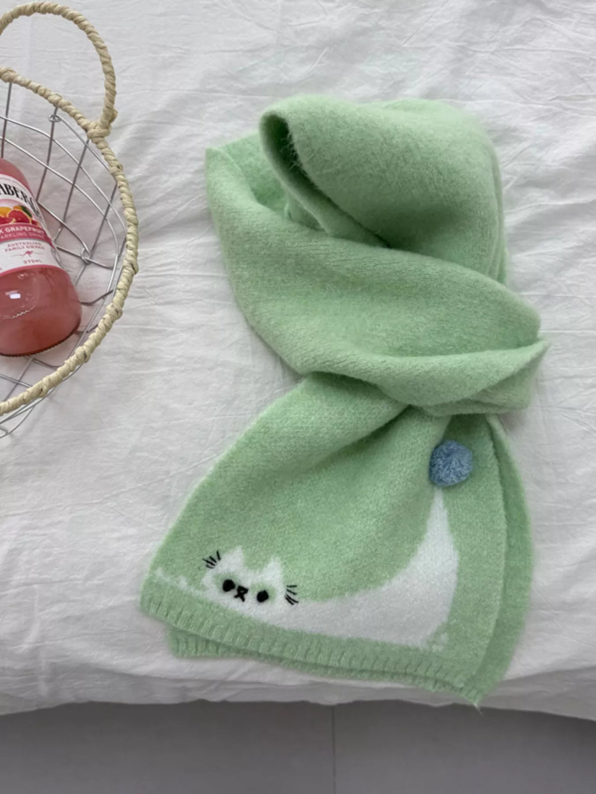 Cute Cat Knitted Scarf - Green - View 6