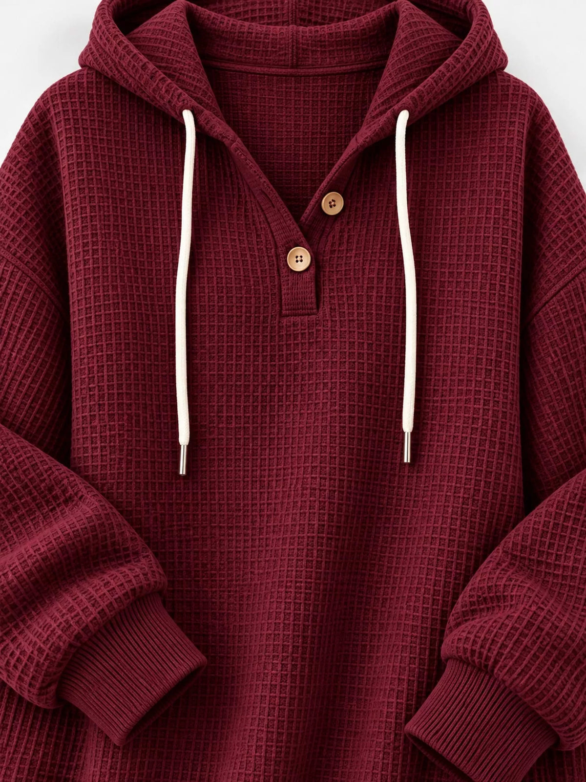 Full Size Waffle Knit Button Detail Hoodie Plus Size - Wine Red - View 29