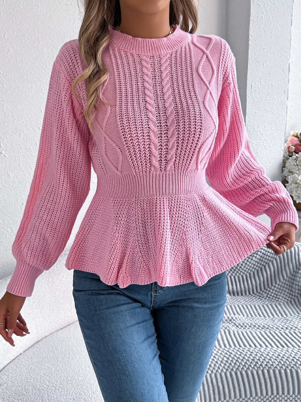 Cable Knit Peplum Sweater - Fuchsia Pink - View 2