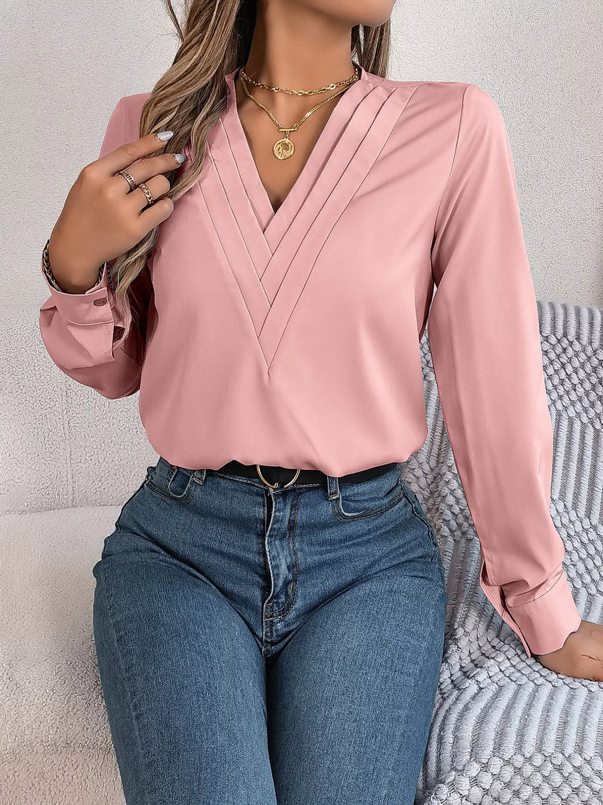 Layered V-Neck Long Sleeve Blouse - Blush Pink - View 12
