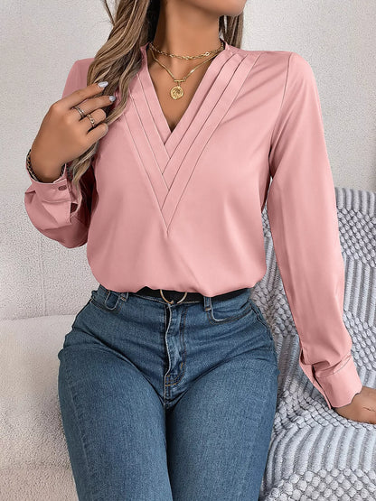 Layered V-Neck Long Sleeve Blouse - Blush Pink - View 12