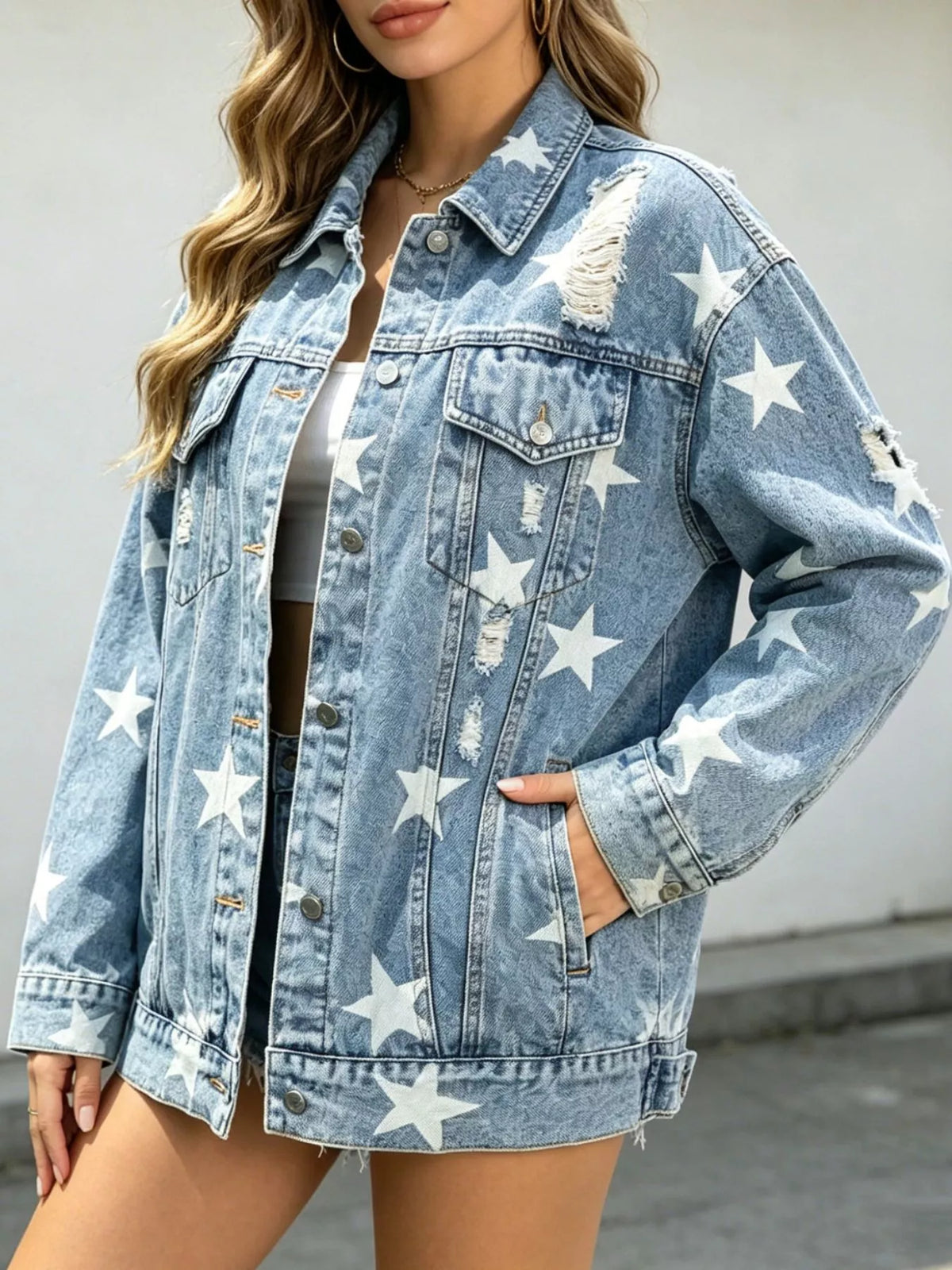 Star Print Distressed Oversized Denim Jacket - Light Blue - View 1