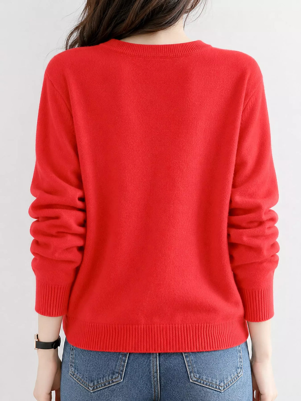 Crew-Neck Button-Down Cardigan - Bright Red - View 10