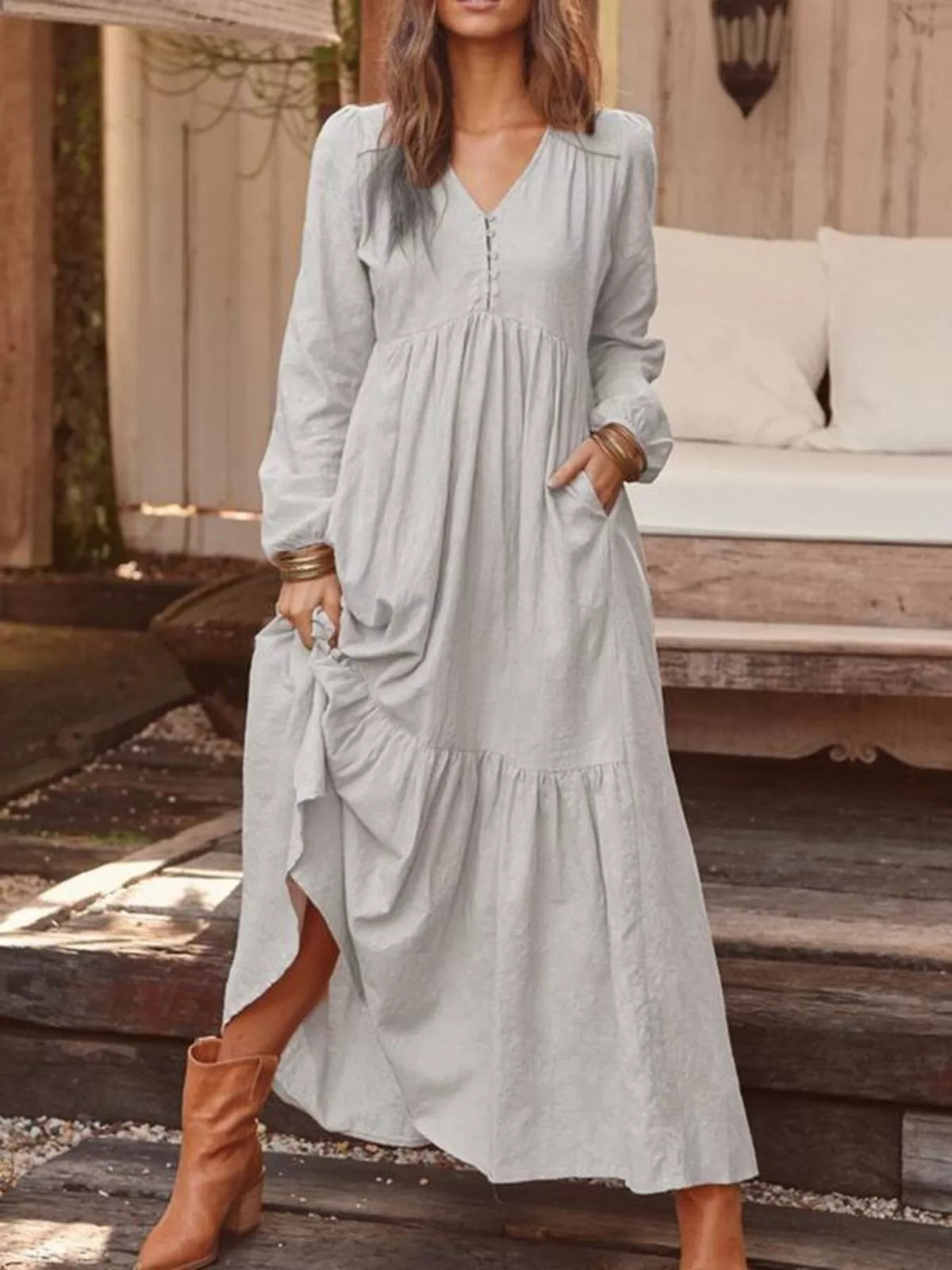 Full Size V-Neck Long Sleeve Tiered Maxi Dress with Pockets Plus Size - Light Gray - View 1