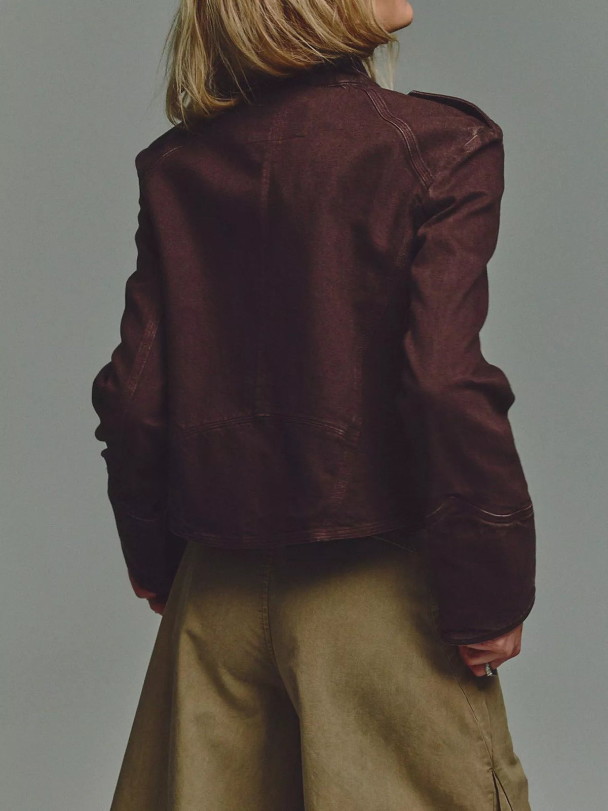 Decorative Button Cropped Jacket - Chestnut Color - View 3