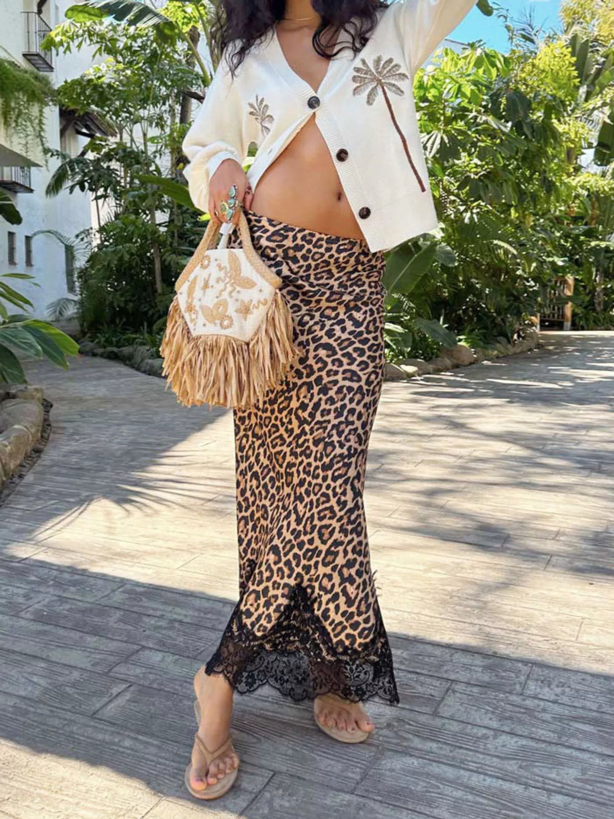 Lace Trim Leopard Maxi Skirt - Leopard - View 3