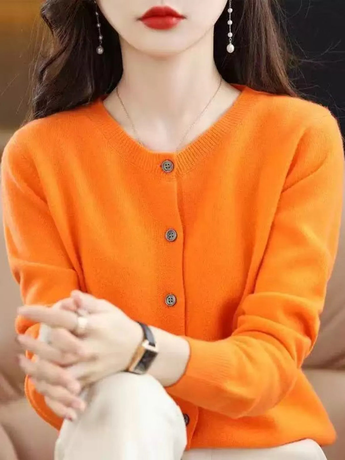 Crew-Neck Button-Down Cardigan - Hermès Orange - View 71