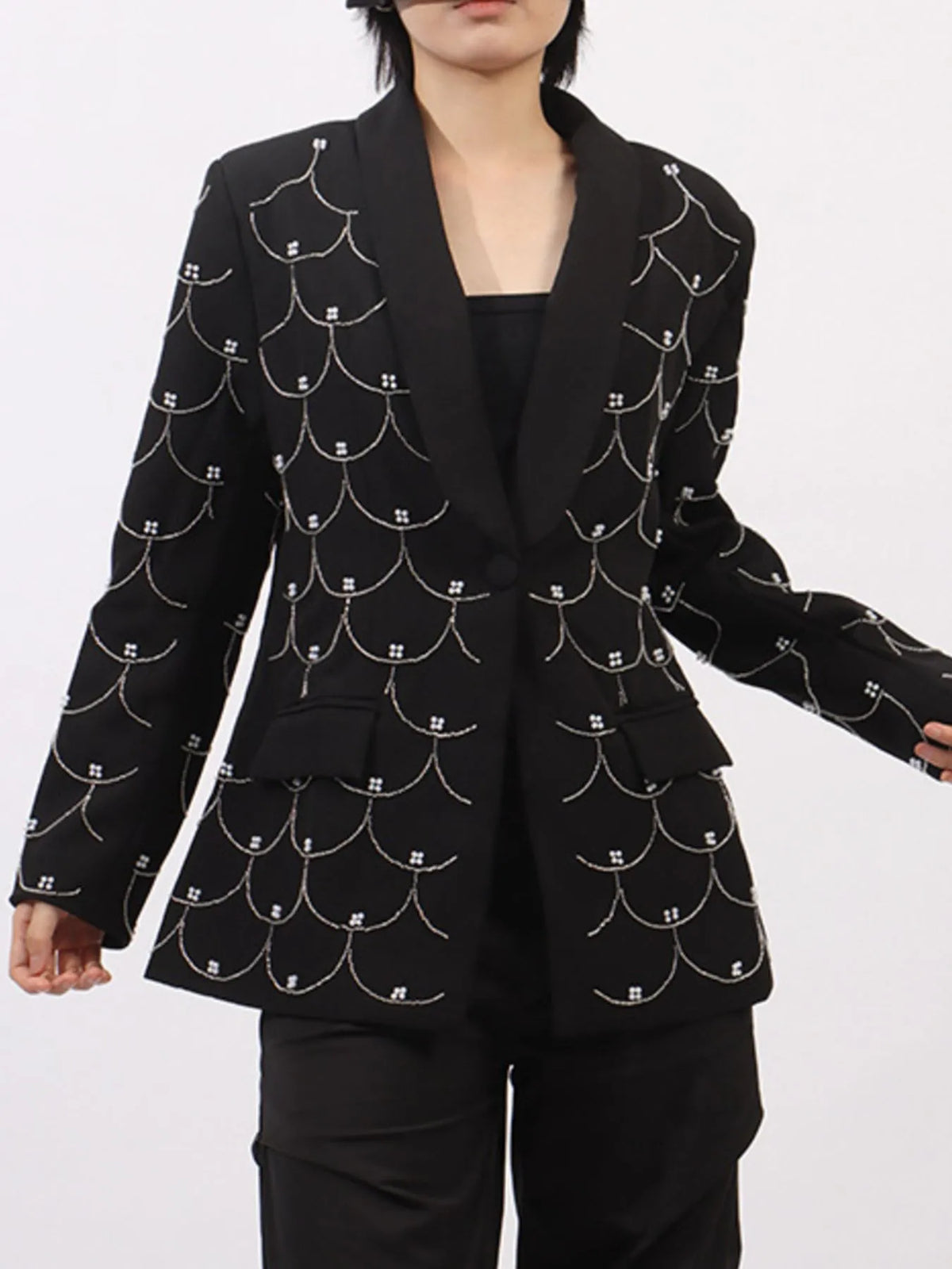 Pearl Detail Long Sleeve Blazer - Black - View 6