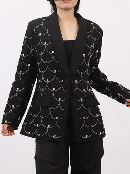Pearl Detail Long Sleeve Blazer - Black - View 6