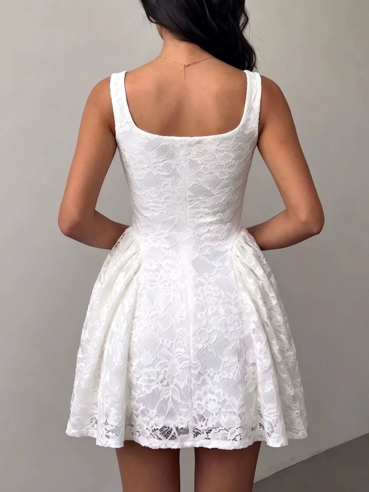Floral Lace Square Neck Mini Dress - White - View 3