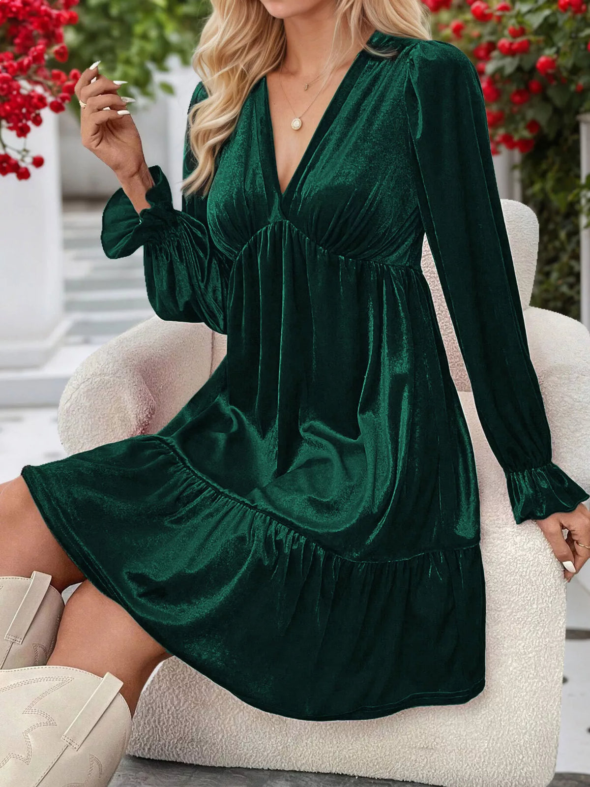 Velvet V-Neck Long Sleeve Ruffle Hem Mini Dress - Olive Green - View 2