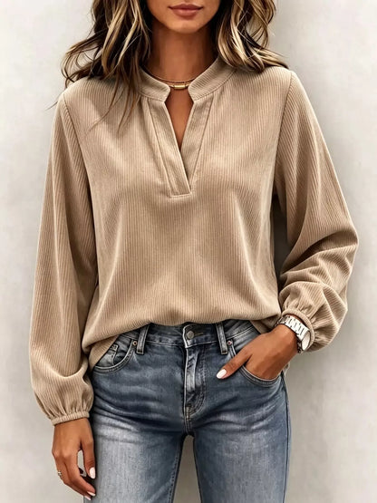 Full Size Corduroy Notched Long Sleeve Top Plus Size - Camel - View 1