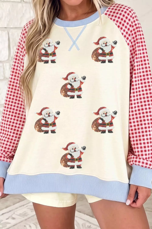 Sequin Santa Plaid Sleeve Pullover Graphic Sweatshirt - Beige - View 1