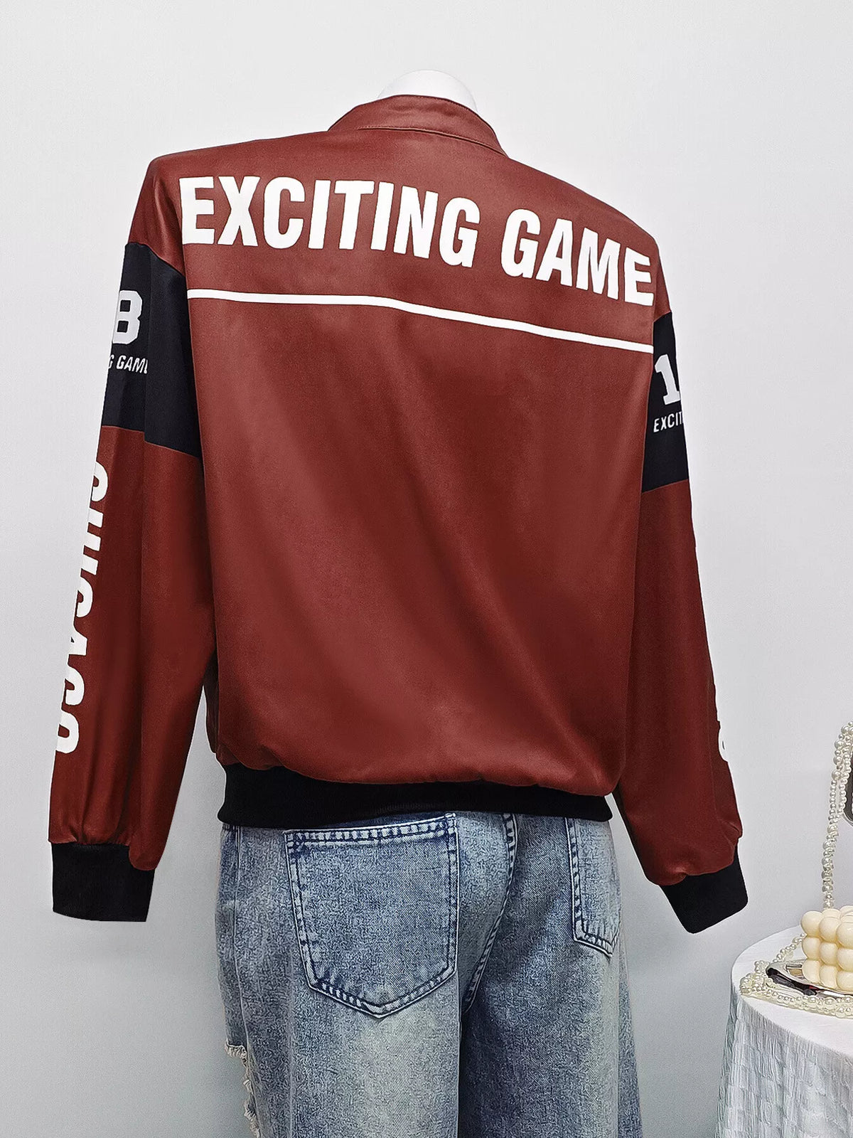 Letter Print Zip Up Jacket - Wine Red - View 4