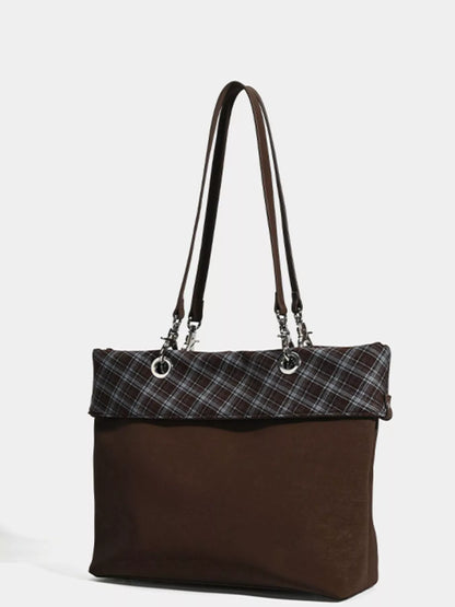 Plaid Trim Shoulder Bag - Coffee - View 3