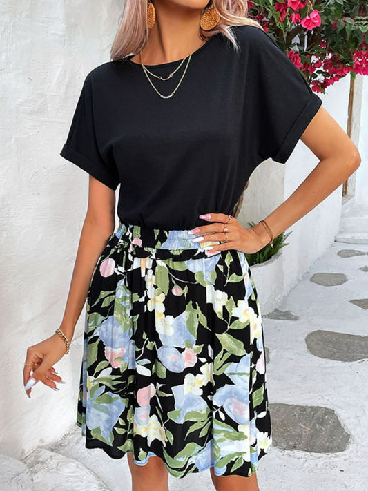 Perfee Two-Tone Round Neck Cuffed Sleeve Dress - Floral - View 1