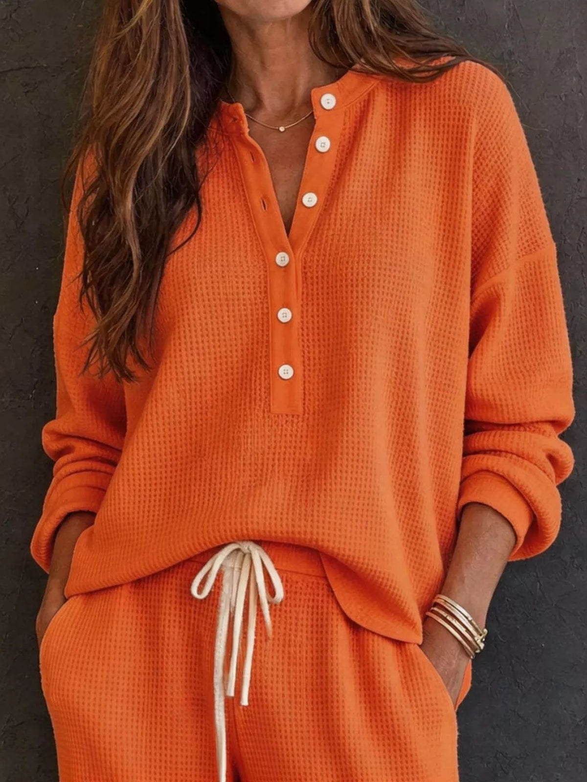 Waffle Knit Henley Top and Wide Leg Pants Set - Orange - View 17