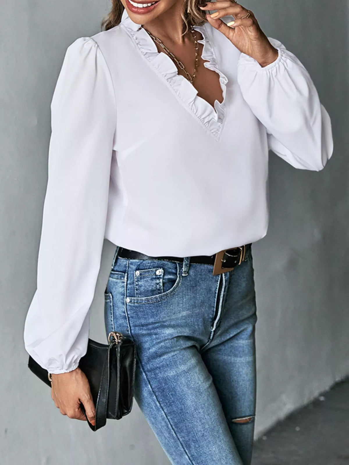 Ruffled Trim V-Neck Blouse - White - View 2