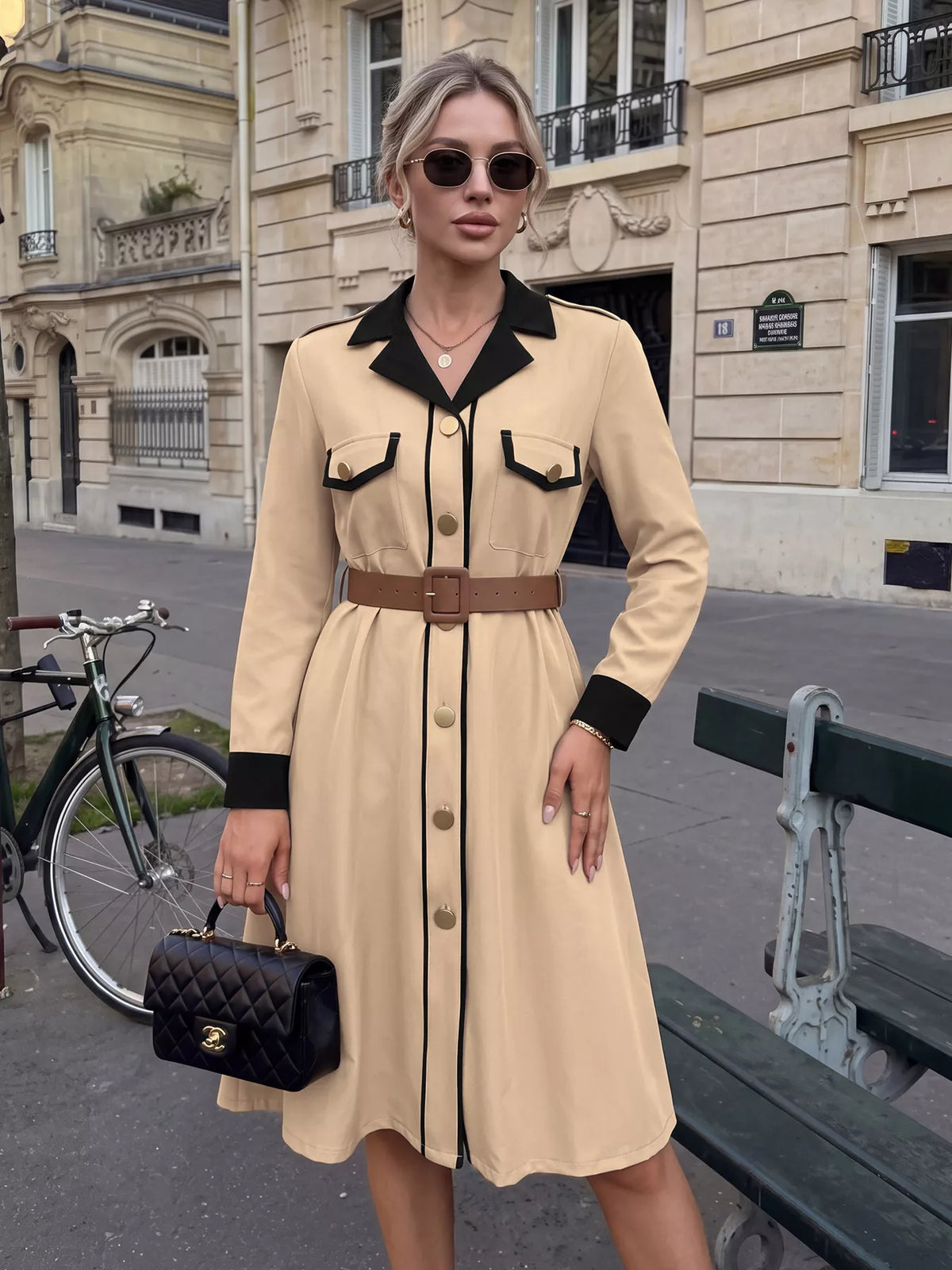 Contrast Lapel Button Front Midi Shirt Dress - Khaki - View 3