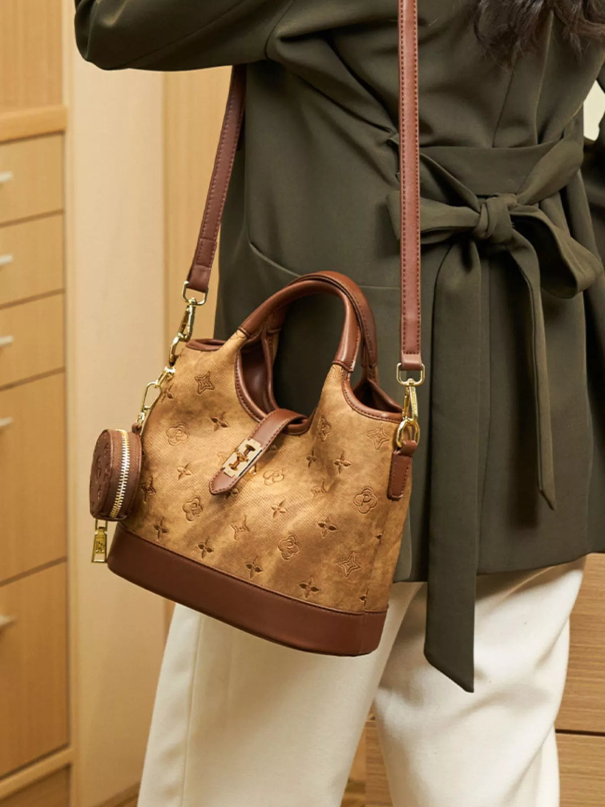 Embossed Crossbody Bag with Detachable Coin Pouch - Brown - View 9