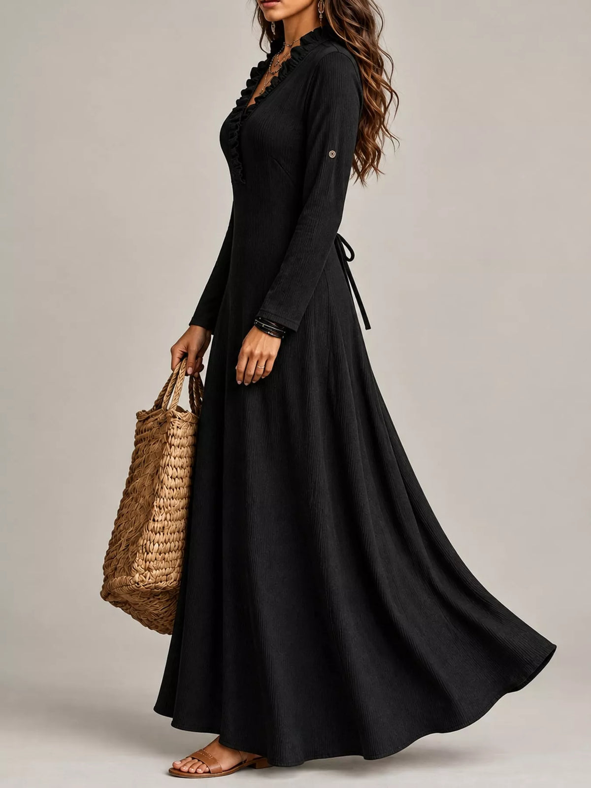 Full Size Frill Roll-Up Sleeve Maxi Dress Plus Size - Black - View 9