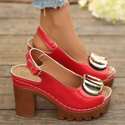 Open Toe Block Heels Sandals - Red - View 4